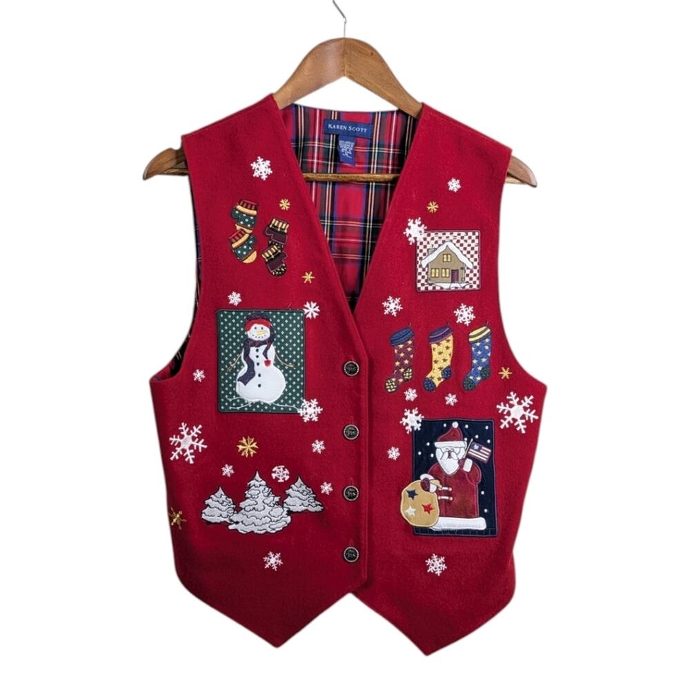 Karen Scott Christmas Snowman Santa Holiday Vest Medium Red Tartan Lining